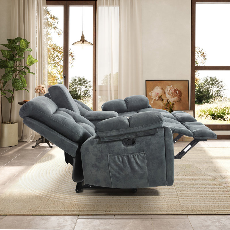 Kyrene 80.7" Wide Modern Manual Reclining Loveseat Sofa With Center Console, Cup Holders & Storage - Plush Fabric Theater Seating