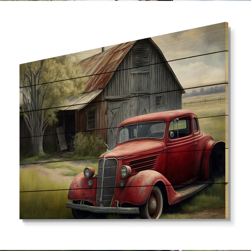 «Red Car» par Barn - impression sans cadre sur bois, H 24 po x l 32 po x P 1 po