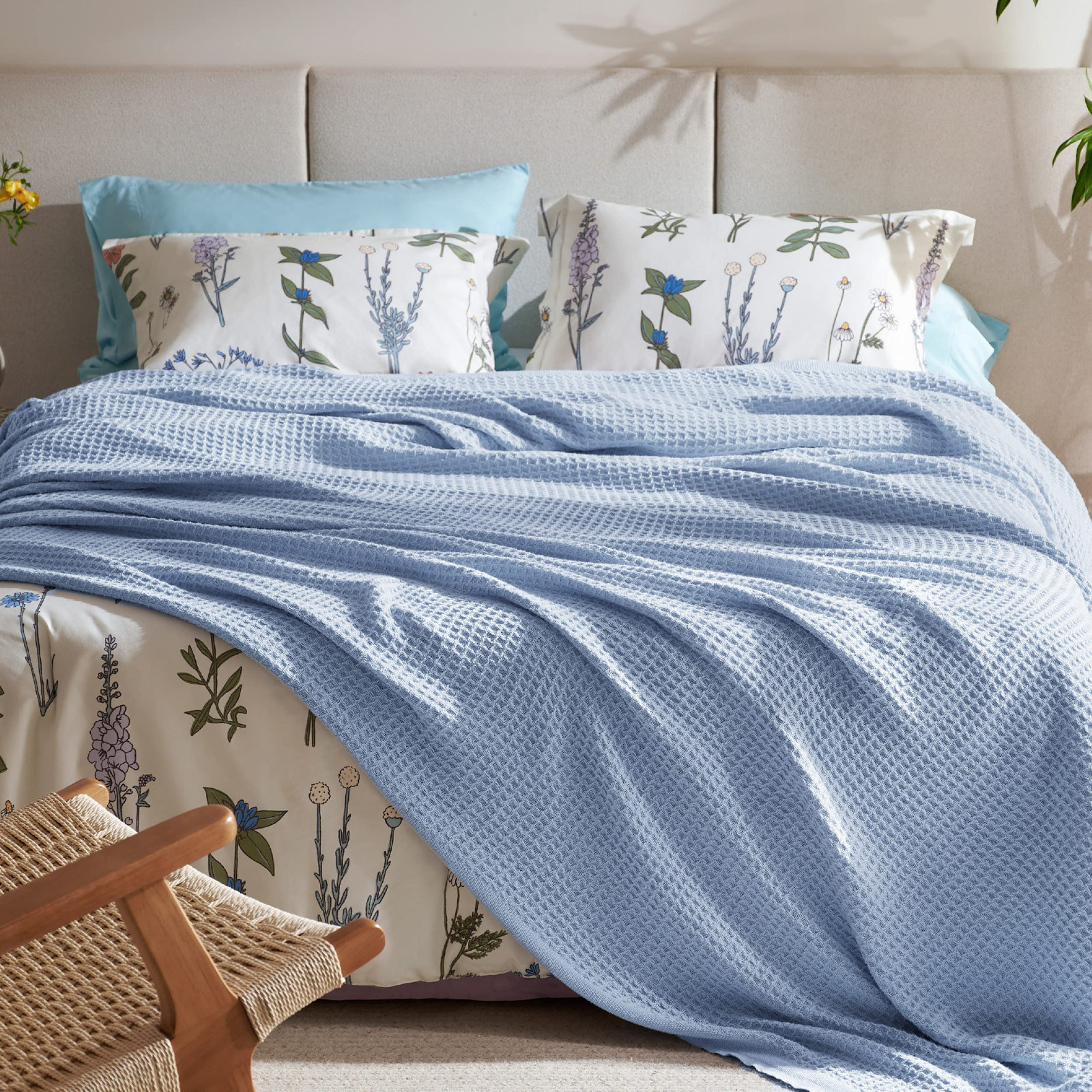 Bedsure Cotton Waffle Weave Throw Blanket, King, Sky Blue