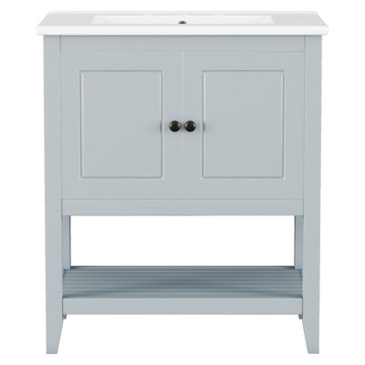 Meuble-lavabo moderne gris 30 po avec lavabo en céramique, structure en bois massif et tablette ouverte pour un rangement élégant