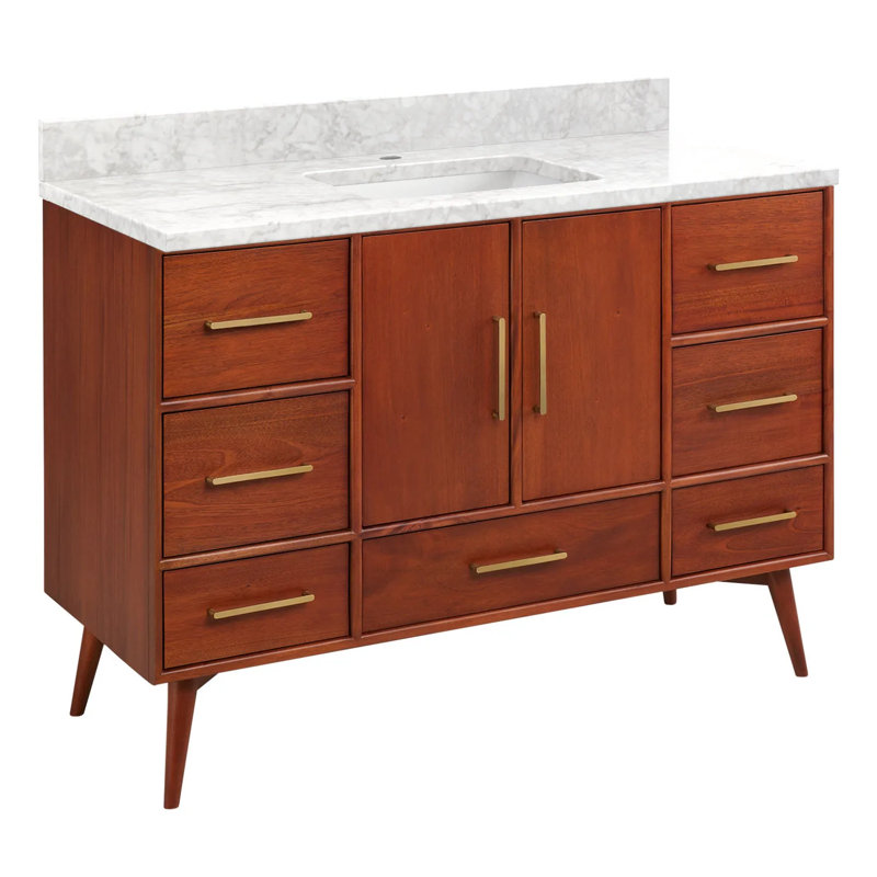 48" Novak Single Bathroom Vanity Set with Rectangular Undermount Sink, Natural Teak, Carrara Marble, Single-Hole Centered