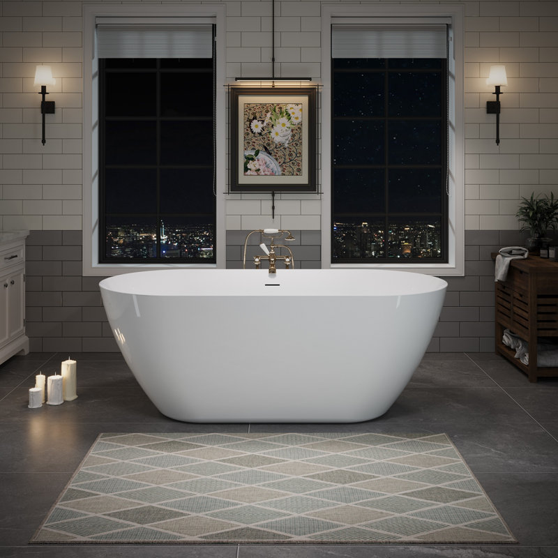 Baignoire autoportante en acrylique 60 po, baignoire profonde ovale avec bonde escamotable centrale et trop-plein intégré, baignoire autoportante contemporaine pour le spa de la salle de bain ou la maison, blanc brillant