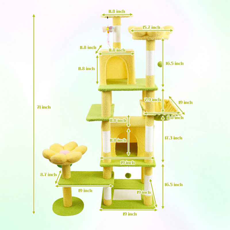 Arbre à chat 71 pouces avec grand coussin de jardin amovible et hamac jaune, Jaune