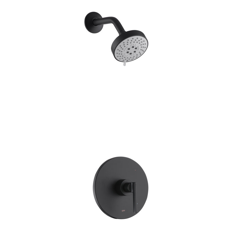 Garniture de douche de la collection Ardua seulement: pomme de douche ronde à 4 fonctions de 4 po, ensemble de poignées simples et valve brute incluse - noir mat