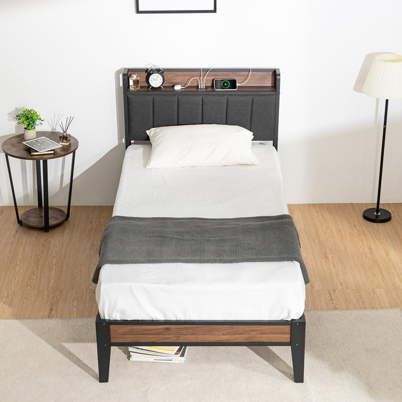 Ebern Designs Upholstered Bed Frame with Charging Station and Storage ...
