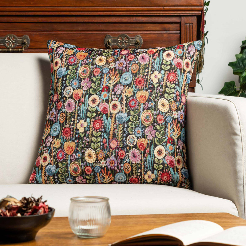 Secret Garden Tapestry Cushion in Midnight Black, 43x43cm, Synthetic filled