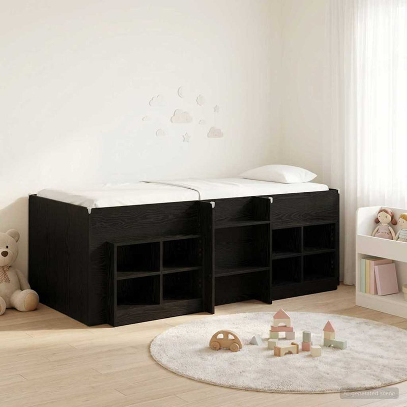  Loft Bed Frame with Cabinet with Storage Engineered Wood Space-Saving, European Single (90 x 200 cm), Black