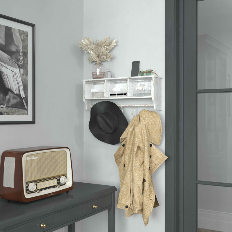 Thalha Wall Mounted Storage Rack with Upper Shelf, Wire Baskets, and Hooks, White Wash