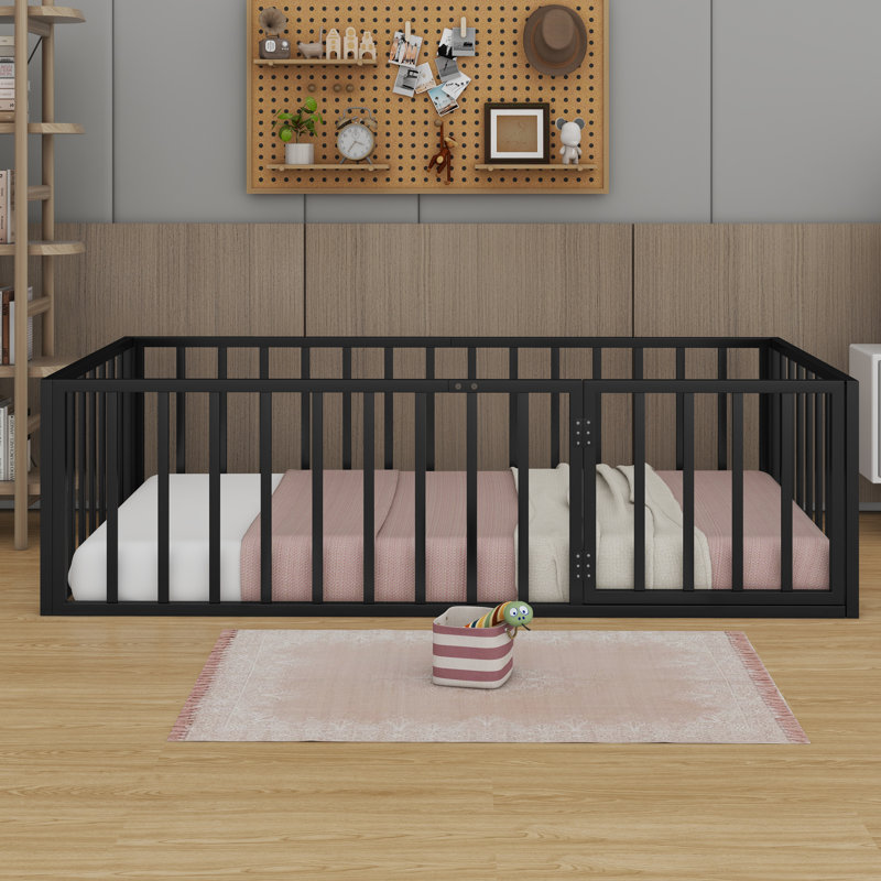 Haryuvraj Floor Bed Frame with Fence and Door, Black, Twin