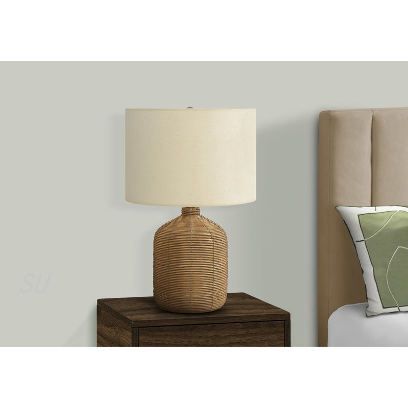 Lighting, H 23 po, lampe de table, rotin brun, abat-jour beige, moderne, Brun