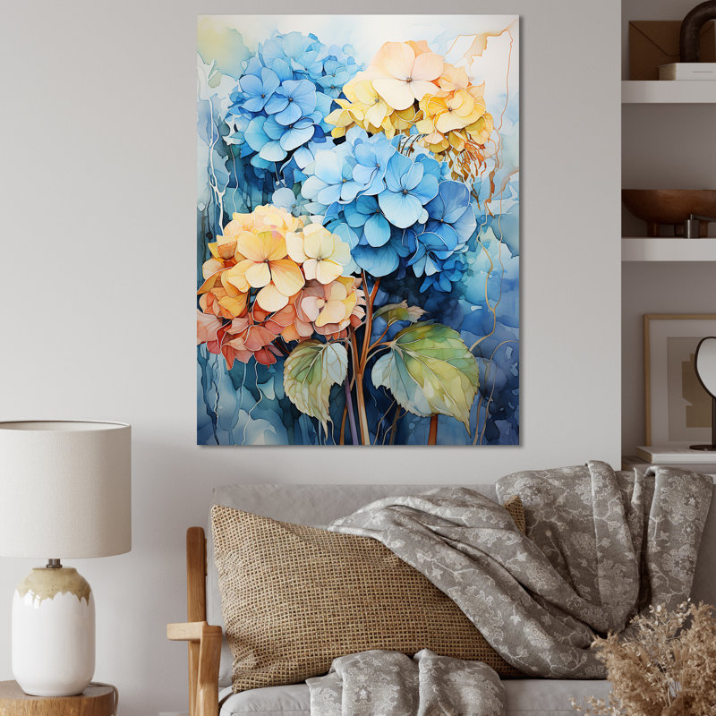 Hydrangea Blooms en bleu et jaune, reproduction sur toile, Toile tendue, H 44 po x l 34 po x P 1,5 po