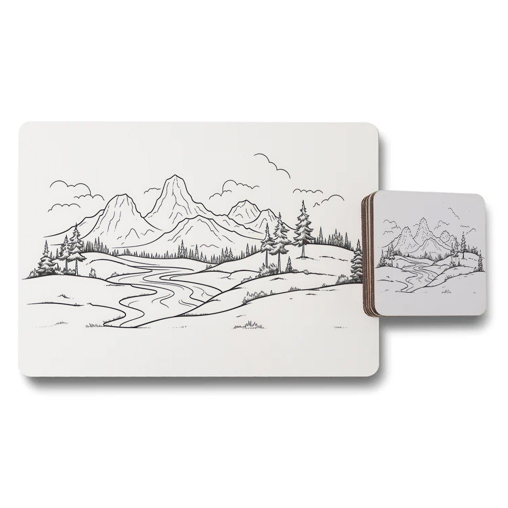Mountain Landscape Placemat and Coaster Set With Scenic Line Art