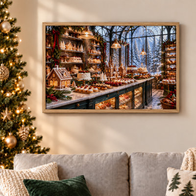 Art mural sur toile, maisons et gâteaux en pain d'épice avec fenêtre enneigée