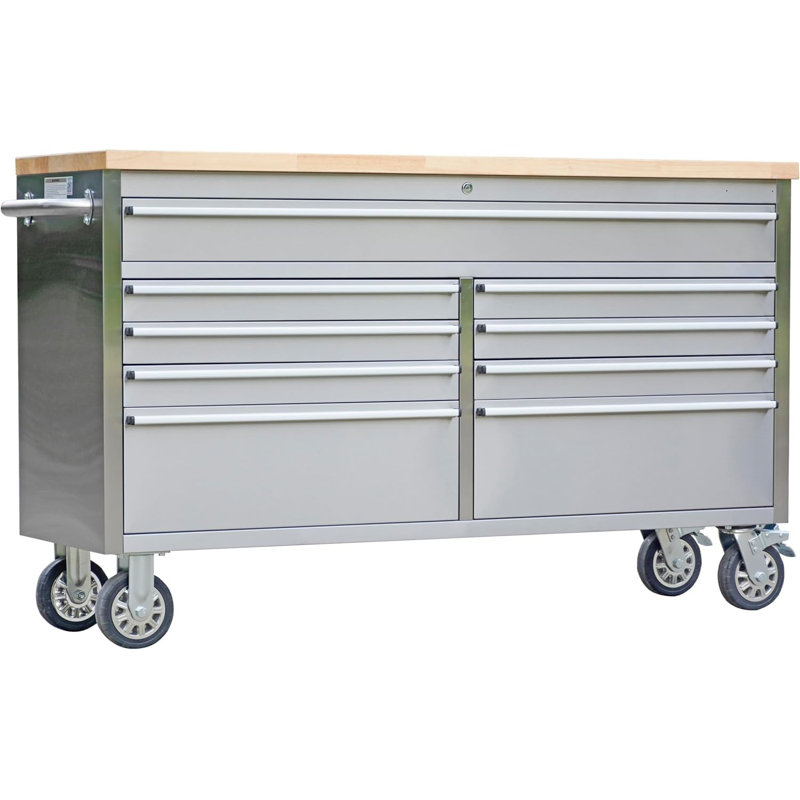 Armoire à outils mobile de 61 pouces, coffre à outils roulant à 9 tiroirs avec plateau en bois d'hévéa, roulettes verrouillables et serrure à clé, rangement à outils robuste pour le garage, la boutique et les ateliers professionnels