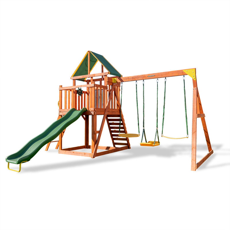 Olympia Natural Wood Swing Set with Green Slide and Fort