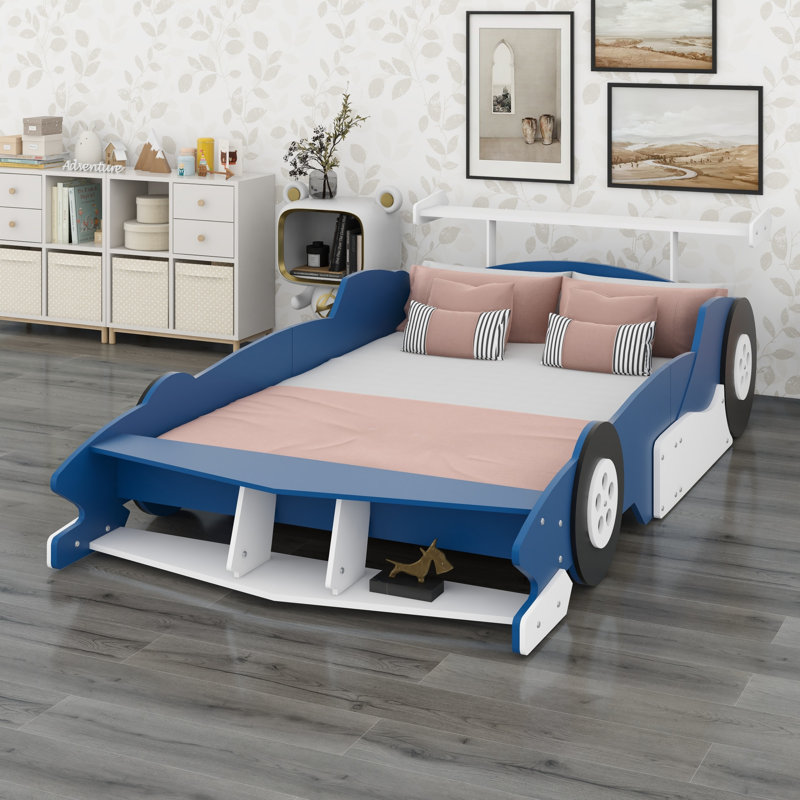 Platform Bed in Race Car Shape with  Wheels, Blue