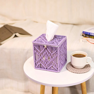 Purple Macrame Square Tissue Box Cover, Boho Braided Rope Tissue Holder with Hand Knotted Design, Coastal Farmhouse Decor for Bedroom Bathroom Nightstand
