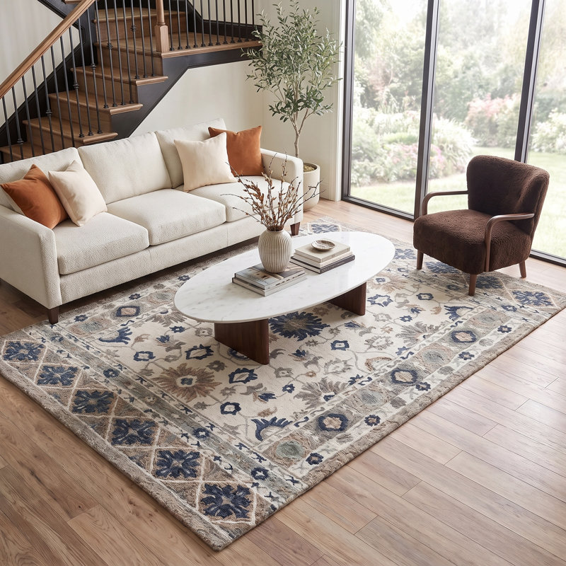 Tapis bleu / gris en laine touffeté à la main Charta, Rectangle 9 pi x 12 pi
