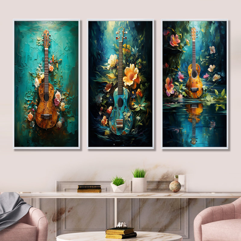 Guitare tropicale euphonique - ensemble de 3 décorations murales, H 28 po x l 36 po, Cadre flottant blanc