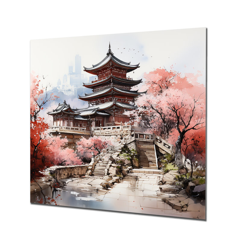 «Spring Spring China Serenity At The Temple III», art mural en porcelaine, H 16 po x l 16 po