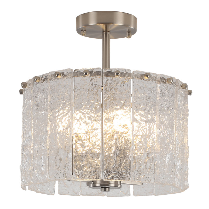 4 - Light Modern Drum Semi Flush Mount With Hammered Glass Strip, Nickel