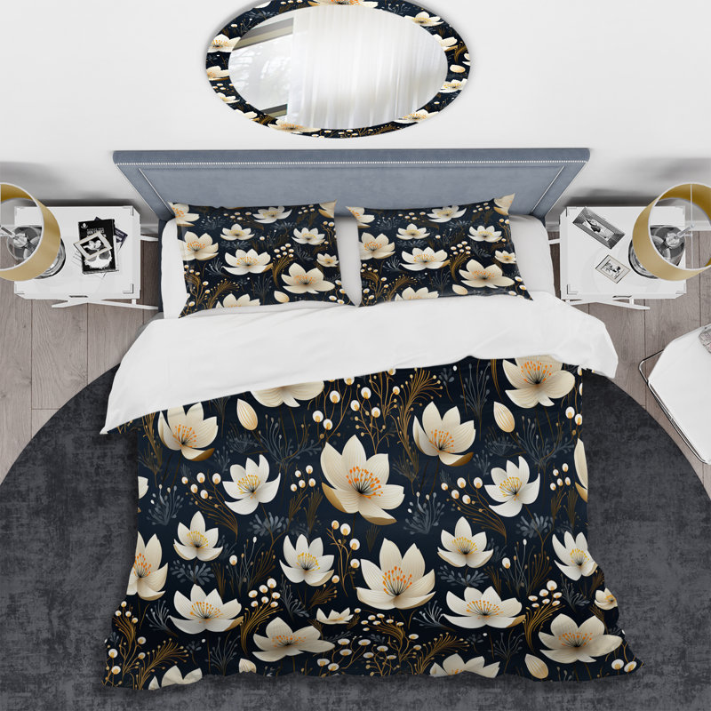 Ensemble de housse de couette à motif floral blanc et noir Magnolias IV, Housse de couette pour très grand lit et 2 très