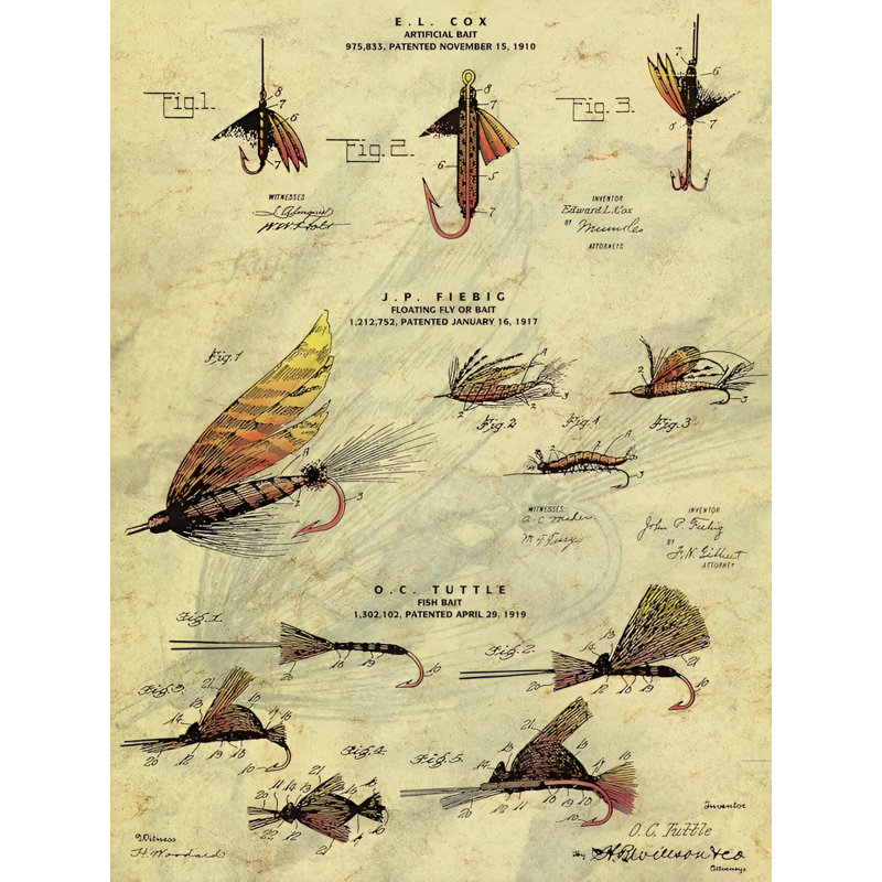 " Vintage 1910 The Fishing Fly Bait ", 24" H x 32" W x 1.5" D