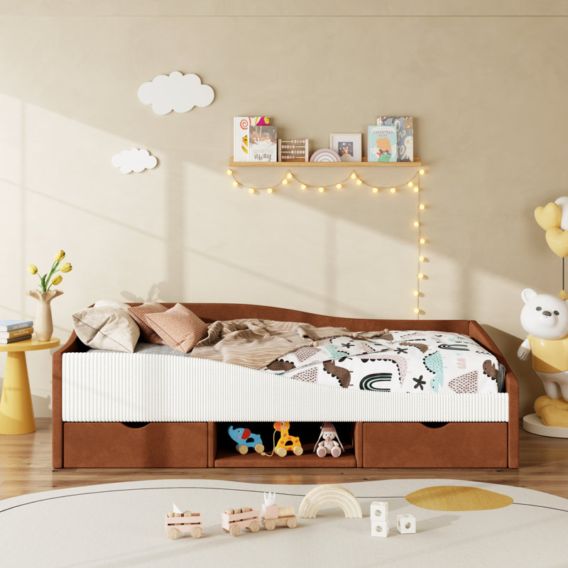 Lit de jour avec rangement, lit simple en velours aggloméré et bois pour chambre d'enfant