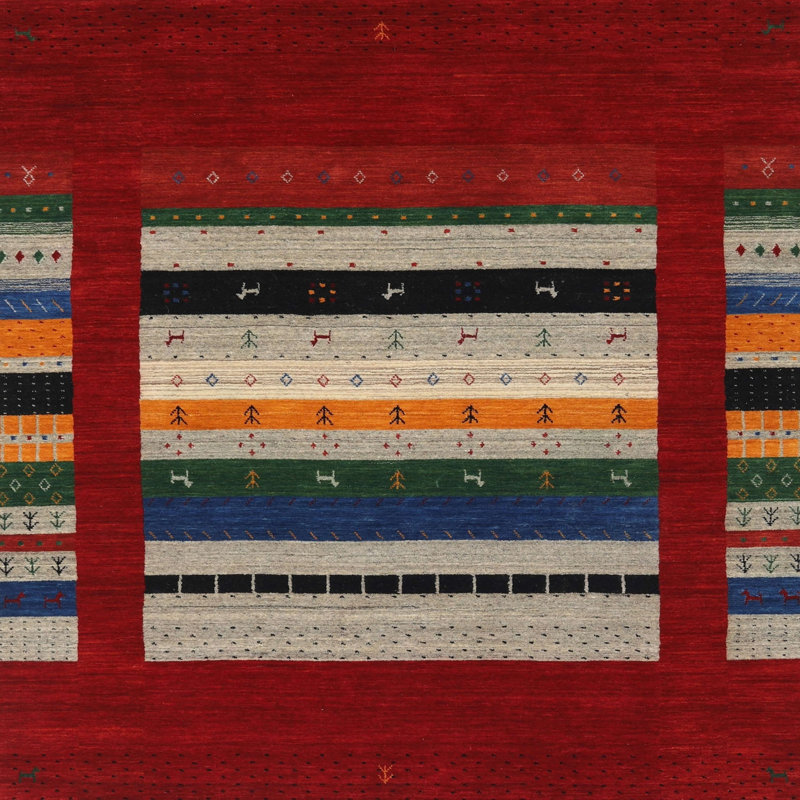 Tapis de zone rouge/orange/vert contemporaine, Carré 6 pi x 6 pi