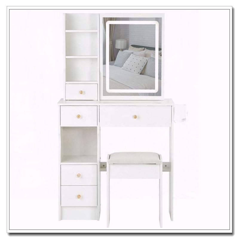 29.2" Small Space Vanity Table with LED Mirror, Power Station, Hair Dryer Bracket and Stool