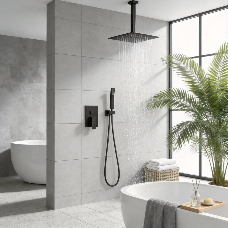 10" Chrome Ceiling Mount Rain Shower System with Handheld Spray and Pressure-Balanced Rough-In Valve, Matte Black