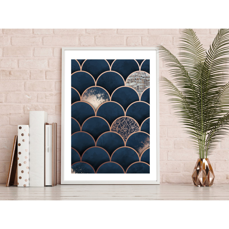 Copper Moroccan Navy Background Geometrical Art Print 1 Piece Single Picture Frame Painting, 36 cm H x 28 cm W, White
