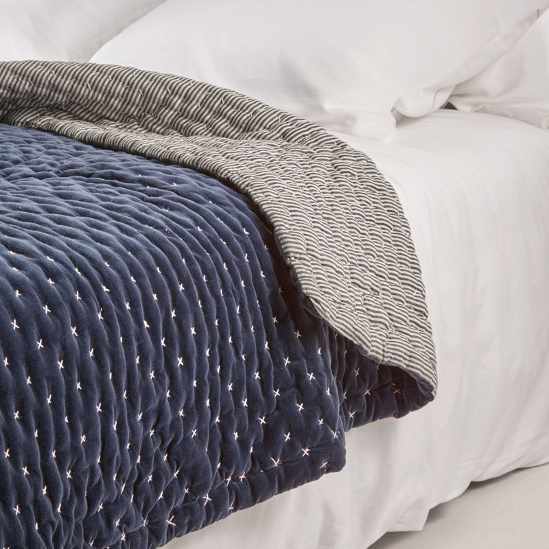 Cotton No Pattern Bedspread, W170 x L260cm, Navy Blue