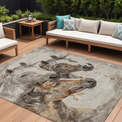 Tapis intérieur lavable à motif de chevaux beige et gris 8 pi x 10 pi