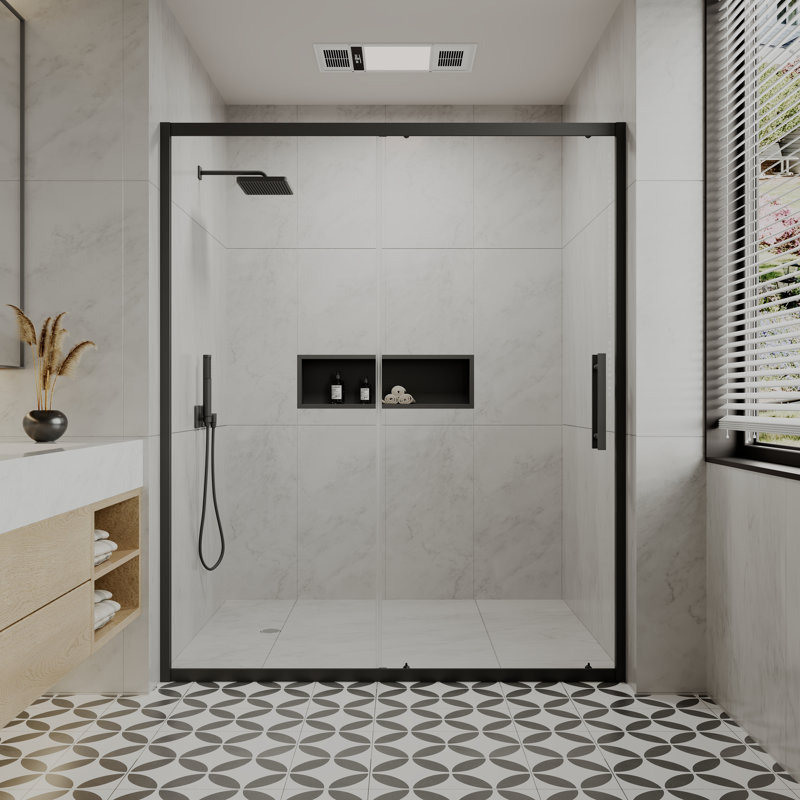 Porte de douche coulissante encadrée avec panneau fixe l 56 à 60 po x H 72 po, noir mat, verre trempé nano-enduit