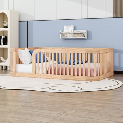 Full-Size Wood Floor Bed Frame With Fence Guardrails