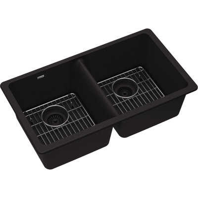 Quartz 33" x 18-1/2" x 9-1/2" Double Basin Undermount Kitchen Sink with Basket Strainer