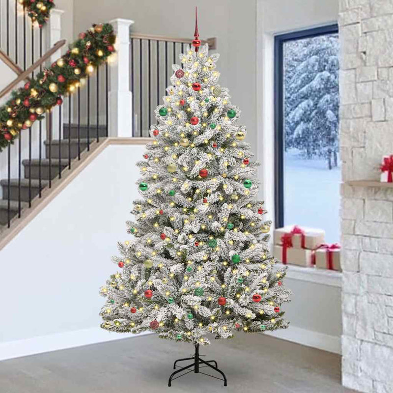 Artificial Christmas Tree Green and White PVC and Metal, Green/White, 270 cm, with Leds & Multicolour Balls