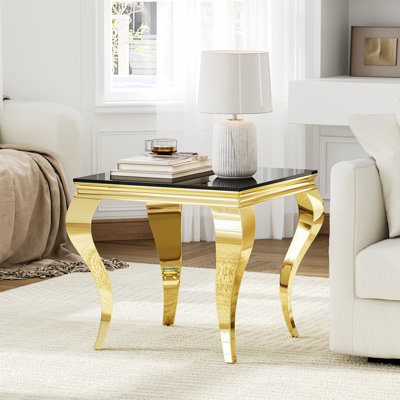 Table de bout carrée en verre 22,83 po, plateau en verre trempé noir de 0,39 po et pieds en acier inoxydable poli miroir en forme de S