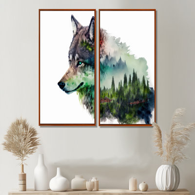 Double Exposure Of A Wolf With Forest Landscape - Large Wolf Wall Decor 2 Pieces