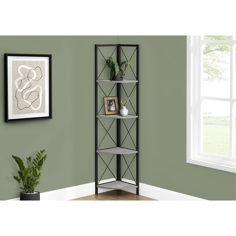 Bibliothèque 4 niveaux Space en stratifié gris - Support en métal noir pour bureau et chambre à coucher