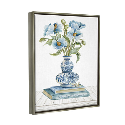 «Blue Flower Arrangement Ornate Pottery Still Life» par Cindy Jacobs - peinture sur toile avec cadre flottant