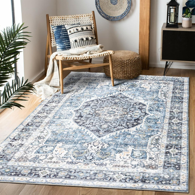Tapis lavable rétro 9 pi x 12 pi Boho - Ultra-doux à poils courts, antidérapant, bleu clair