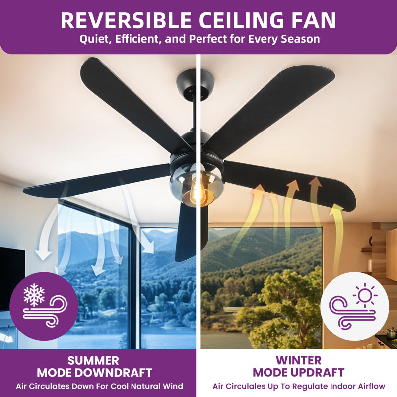 Modern 52" Ceiling Fan With Light And Remote, Black, Black