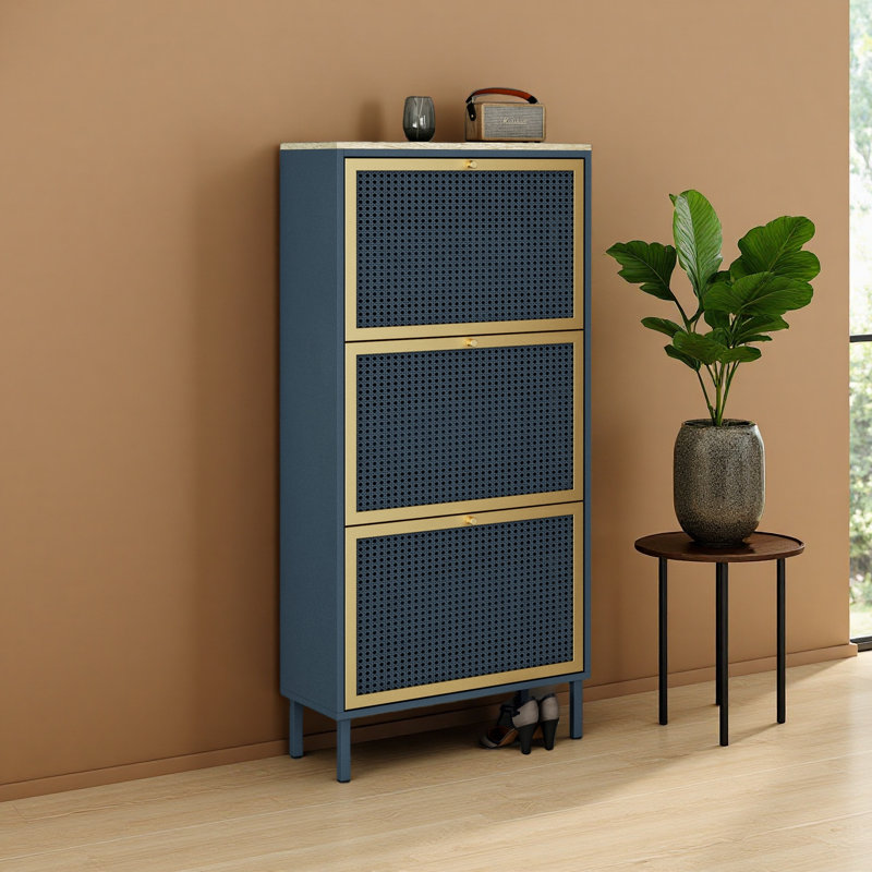 Étagère à chaussures à 3 portes en métal, armoire de rangement pour chaussures moderne autoportante, rotin en métal, pour vestibule