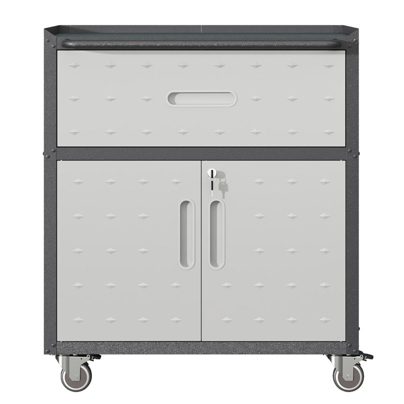 Armoire à outils en métal robuste et durable pour le garage avec roues - Armoire de rangement mobile robuste avec 1 tiroir et 2 portes verrouillables, armoire de rangement à outils roulante
