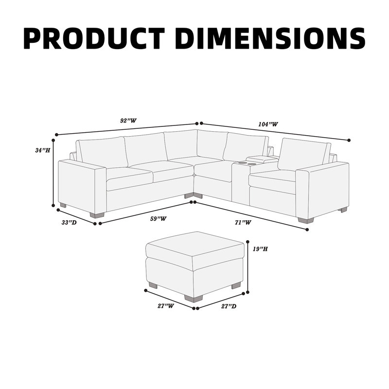Canapé modulaire en L modulaire avec console USB et repose-pieds cocktail, Black Polyester
