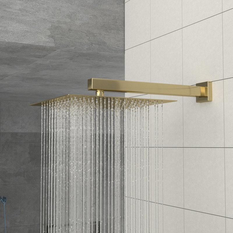 Pomme de douche double - fixation murale 12 po, or Valve équilibrée pour une expérience confortable. Pluie et moments de détente. Installation et nettoyage faciles. Comprend un bras, une douchette, un boyau, un support et