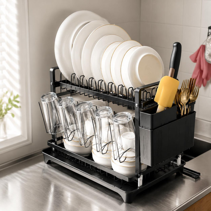 Two-Tier Stainless Rust-Resistant Adjustable Dish Rack, Black