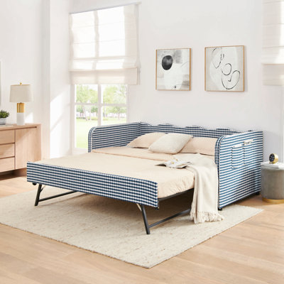 Lit de jour, canapé-lit convertible 3-en-1 polyvalent avec couchette coulissante et poches latérales Gingham